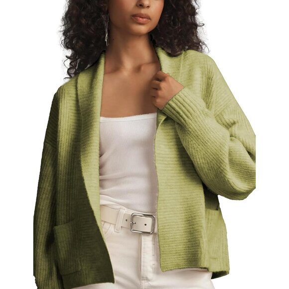 Cropped Open Front Sweater Womens Knitwear Small Casual Pockets Green - Picture 1 of 5